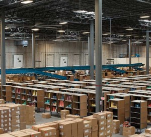 Looking down into the warehouse area, the design for efficiency is obvious.