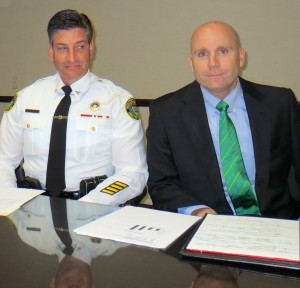 Tredyffrin Township Police Superintendent Anthony Giaimo (left) and Chester County District Attorney Tom Hogan discuss the need for another county detective who specializes in child-abuse investigations.