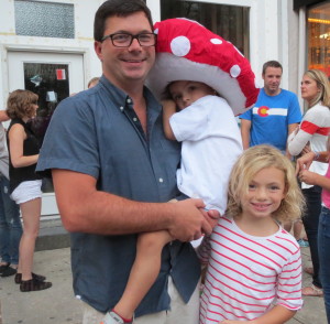 Peeking out from his giant mushroom hat is 4-year-old Foster Myers of Kennett Square, accompanied by his father, Evan, and his sister, Lucy, 8.