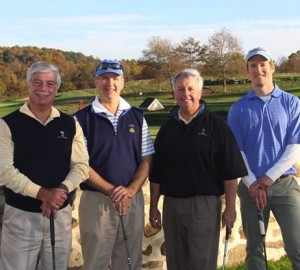 Roger Huggins (from left), Scott Gamble, George Zumbano and Basel Frens from Gawthrop Greenwood, a West Chester-based law firm, enjoy the YMCA of the Brandywine Valley’s Chester County Corporate Golf Championship. 