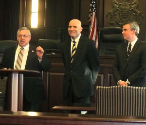 Chester County Chief Deputy District Attorney Nicholas Casenta (from left) accepts the award for Prosecutor of the Year from District Attorney Tom Hogan and First Assistant District Attorney Michael G. Noone.