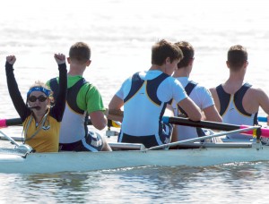 Unionville High School Coxswain Olivia Robb celebrates Varsity Men's 4+ Victory with teammates Colin Wardius, Garren Best, Just Best and John Sagretti.