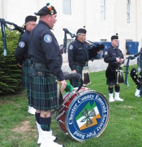 The Chester County Emerald Society Drum and Pipe Band performed at the memorial ceremony.