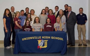 (From Left to Right) Olivia Robb (Washington College-Rowing), Colette Savant (Kutztown U.-Track & Field), Megan Drohan (Fordham U.-Rowing), and Gracyn Towler (West Chester U.-Tennis) as they continue their athletic careers in college next year. Joining them in the picture (Left to Right) Holly Dodge (UHS Rowing Club Coach), James Conley (UHS Principal) Kimberly, Thomas and Ireland Robb, James and Buffe Savant, Kaitlyn, James and Cheryl Drohan, Andrew Madden, Dehlia Towler, Nick Eppinger (UHS Track & Field Coach), Scott Towler, and Mark Lacianca (UHS Track & Field Coach).