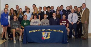 (From Left to Right) Alex Ilgner (Loyola U.(MD)-Rowing), Michael DelVecchio (U of North Carolina Charlotte-XC & Track), Dan Powers (Villanova U.-Track & Field), Brandon Boon (Kutztown U.- Rugby), Patrick Clark, Jr. (Lebanon Valley College-Football), Mitch Camp (Kutztown U.-Wrestling) as they continue their athletic careers in college next year. Joining them in the picture (Left to Right) Faith, Sherri and Ralf Ilgner, James Conley (UHS Principal), Caroline Powers, Matthew Hurray (UHS Track & Field Coach), Janice DelVecchio, Tim and Tricia Powers, Ralph DelVecchio, Jr., Brian Dunbar (UHS Rugby Club Coach), Kelly Boon-Zeidman and Thomas Zeidman, Megan and Maureen Clark, Pat Clark, Sr. (UHS Football Coach), Ian Crampton (UHS Asst. Wrestling Coach), Chris Matz (UHS Wrestling Coach), Todd Szewczyk (UHS Asst. Wrestling Coach), Mark Lacianca (UHS XC and Track & Field Coach), Diane and Dean Camp and Matthew Borger (UHS XC and Track & Field Coach).