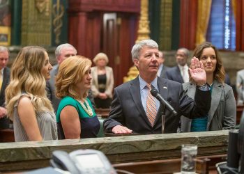 New state Sen. Tom Killion (R-9) takes the oath of office, Wednesday, in the state Senate Chambers in Harrisburg. Killion won a special election April 26 to replace retiring state Sen. Dominic Pileggi.