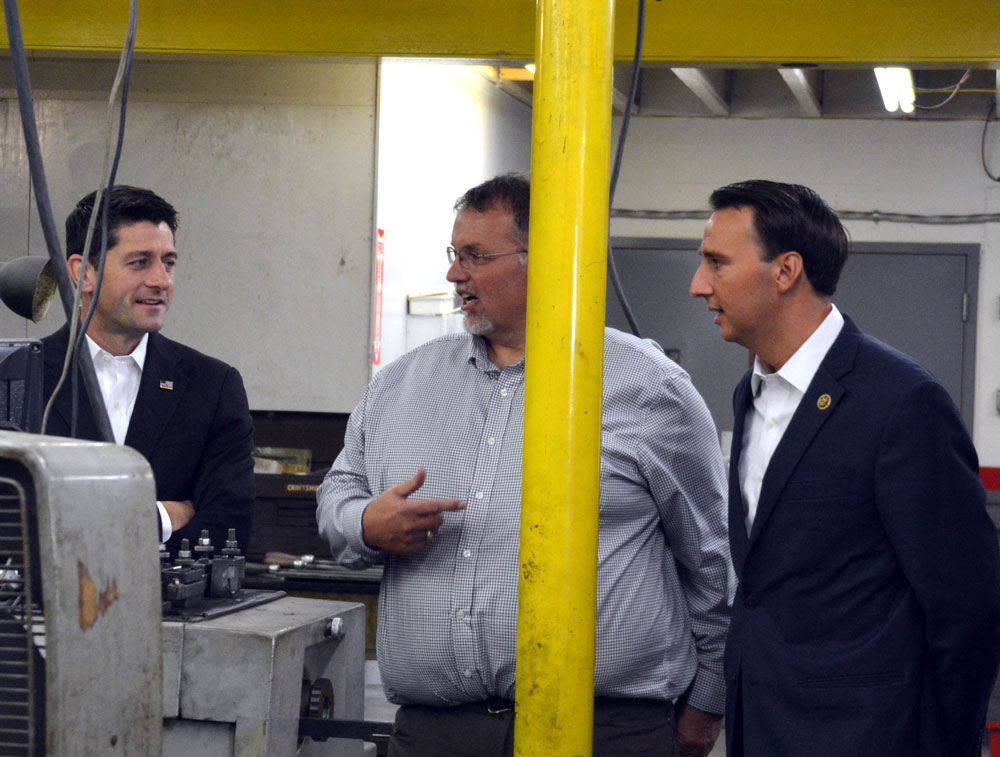 Scott Johnson, President of J-Tech, tells Speaker of the U.S. House of Representatives Paul Ryan (left) about how hard U.S. Rep. Ryan Costello (right) has worked for local constituents.