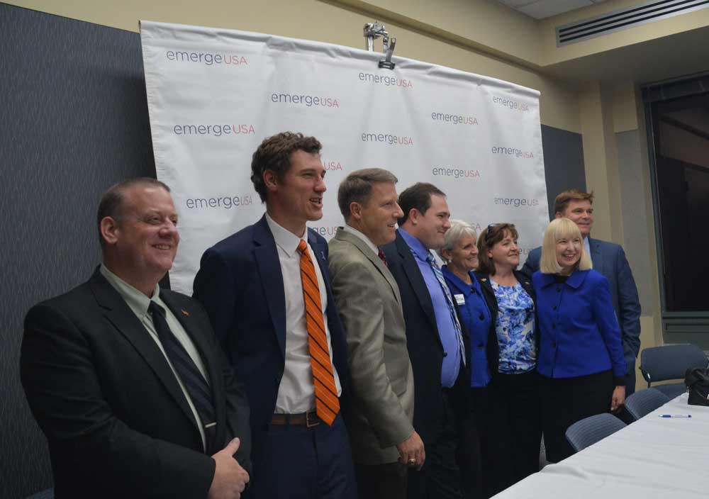 From left, State Rep. Dan Truitt (R-156), Downingtown Mayor Josh Maxwell, Congressional Candidate Mike Parrish, state house candidate Hans Von Mol, West Chester Mayor Carolyn Comitta, State House candidate Susan Rzucidlo, Congressional candidate Mary Ellen Balchunis and state Senate Candidate Marty Malloy at Thursday night's EmergeUSA forum. Janet McGann photo.