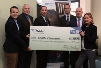 Citadel Presents check to United Way of Chester County: Toren Peterson of United Way, Kevin McDermott, David Layo, AJ Hiller, and John Kane of Citadel, and Claudia Hellebush of United Way.